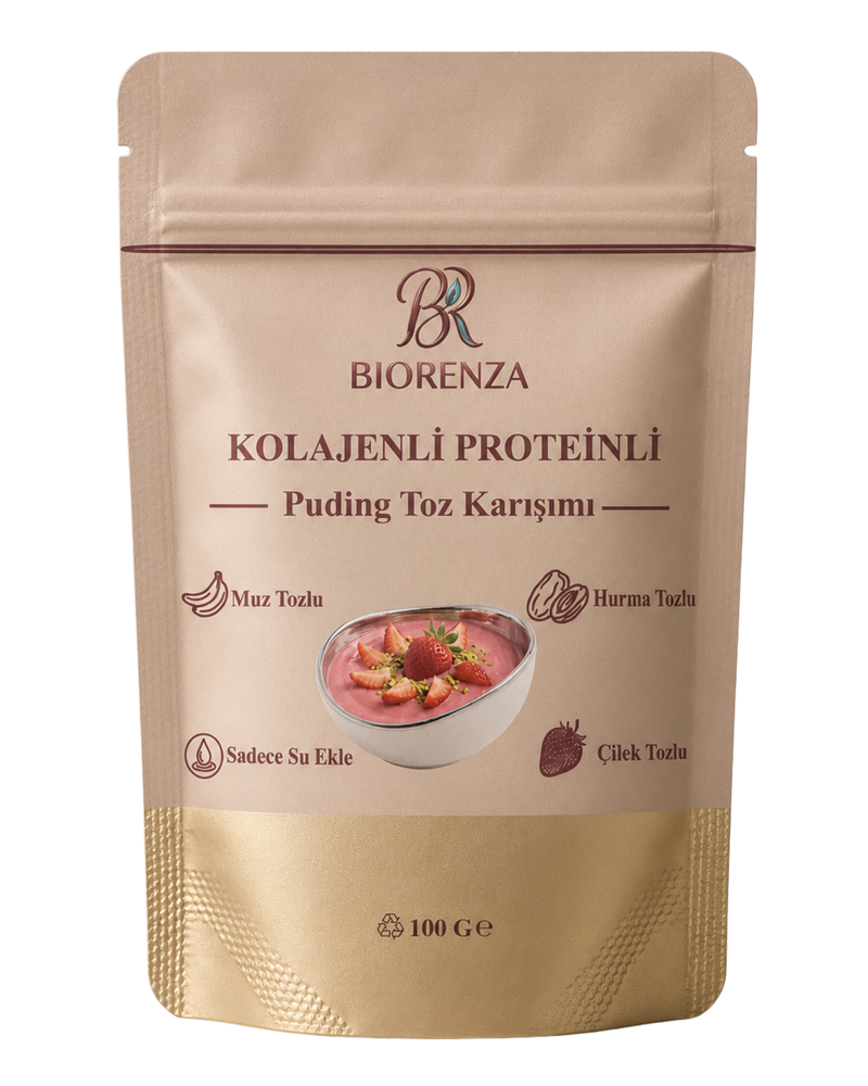 Kolajenli Proteinli Meyveli Puding Tozu – Muzlu Çilekli Hurma Tozlu – Şeker İlavesiz – 100 G