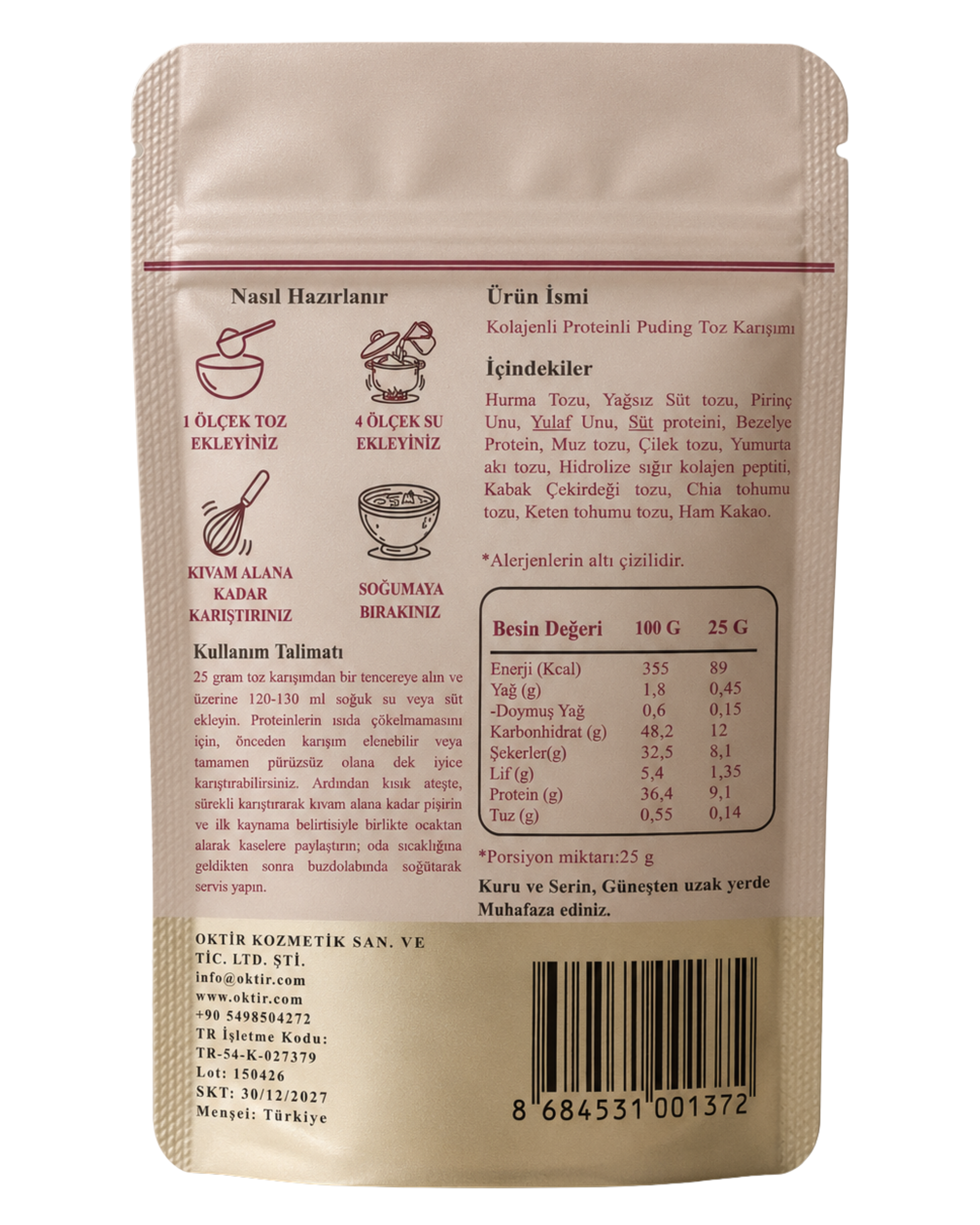 Kolajenli Proteinli Meyveli Puding Tozu – Muzlu Çilekli Hurma Tozlu – Şeker İlavesiz – 100 G