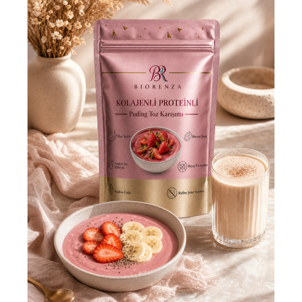 Kolajenli Proteinli Meyveli Puding Tozu – Muzlu Çilekli Hurma Tozlu – Şeker İlavesiz – 100 G