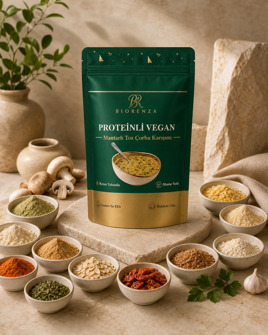 Proteinli Vegan Mantarlı Toz Çorba – Bezelye Proteinli, Pirinç Proteinli, Sebzeli – 100 G