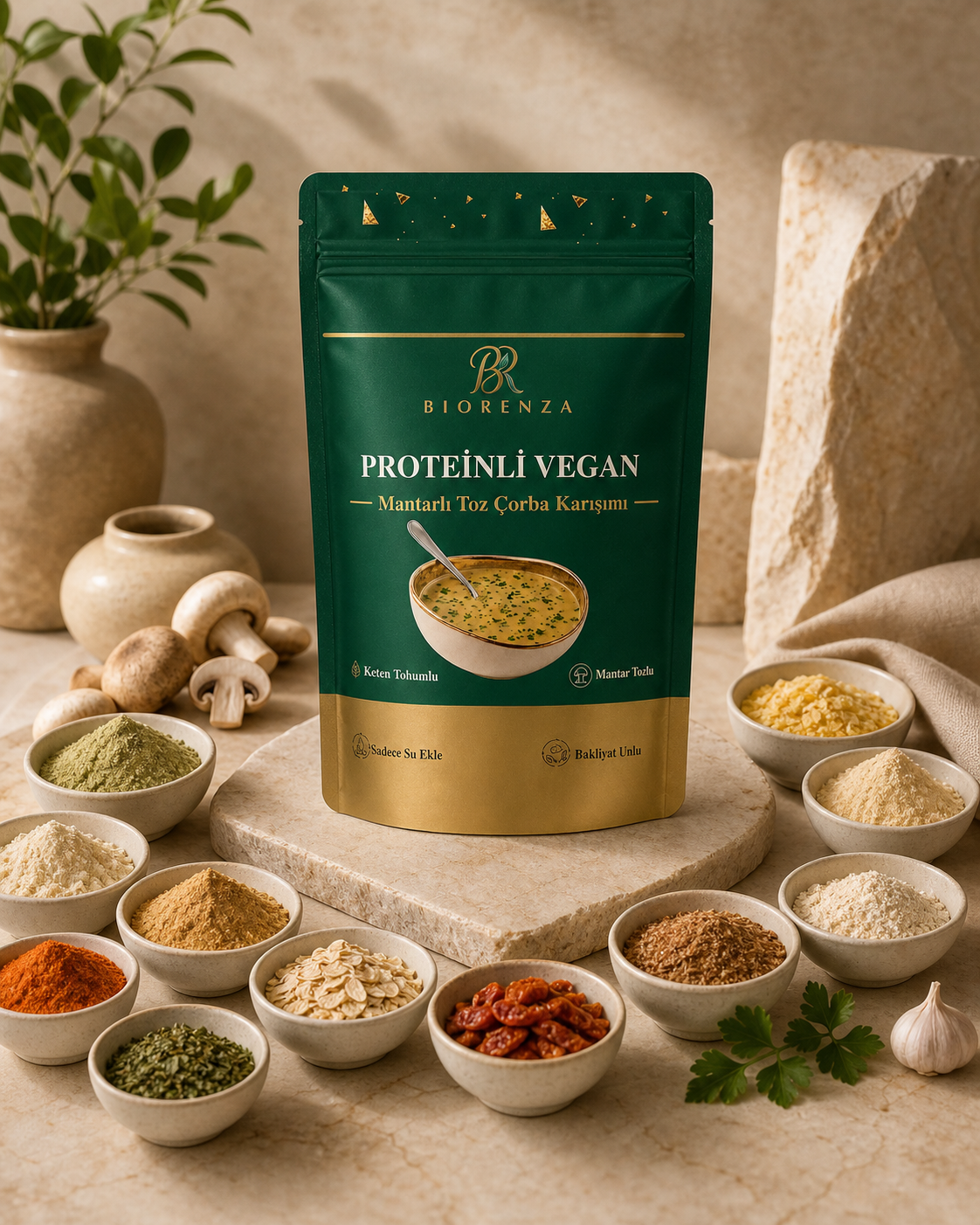 Proteinli Vegan Mantarlı Toz Çorba – Bezelye Proteinli, Pirinç Proteinli, Sebzeli – 100 G