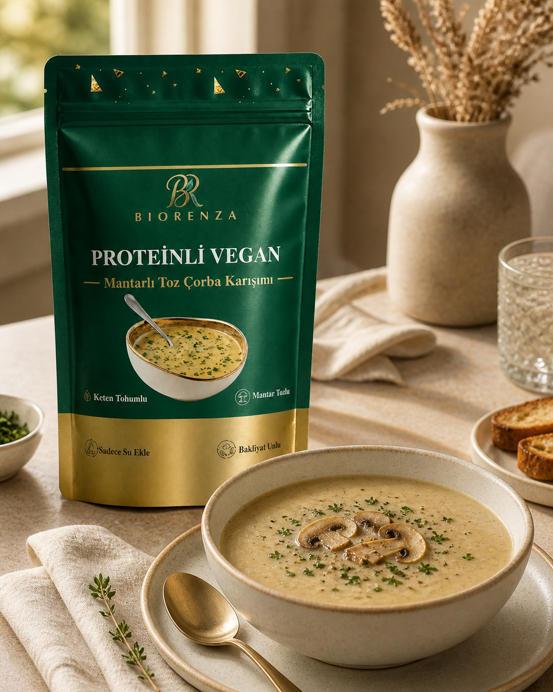 Proteinli Vegan Mantarlı Toz Çorba – Bezelye Proteinli, Pirinç Proteinli, Sebzeli – 100 G