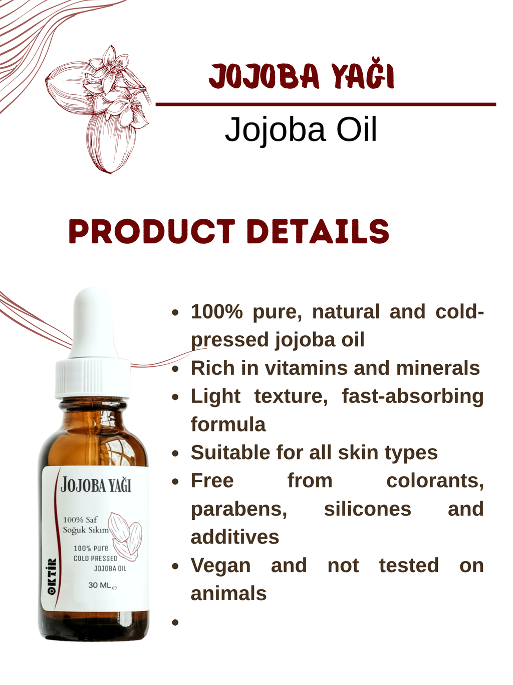 Jojoba Yağı 30 ml (MASAJ- YÜZ YOGASI) %100 Saf & Soğuk Sıkım Cilt Saç Tırnak Makyaj Temizleme