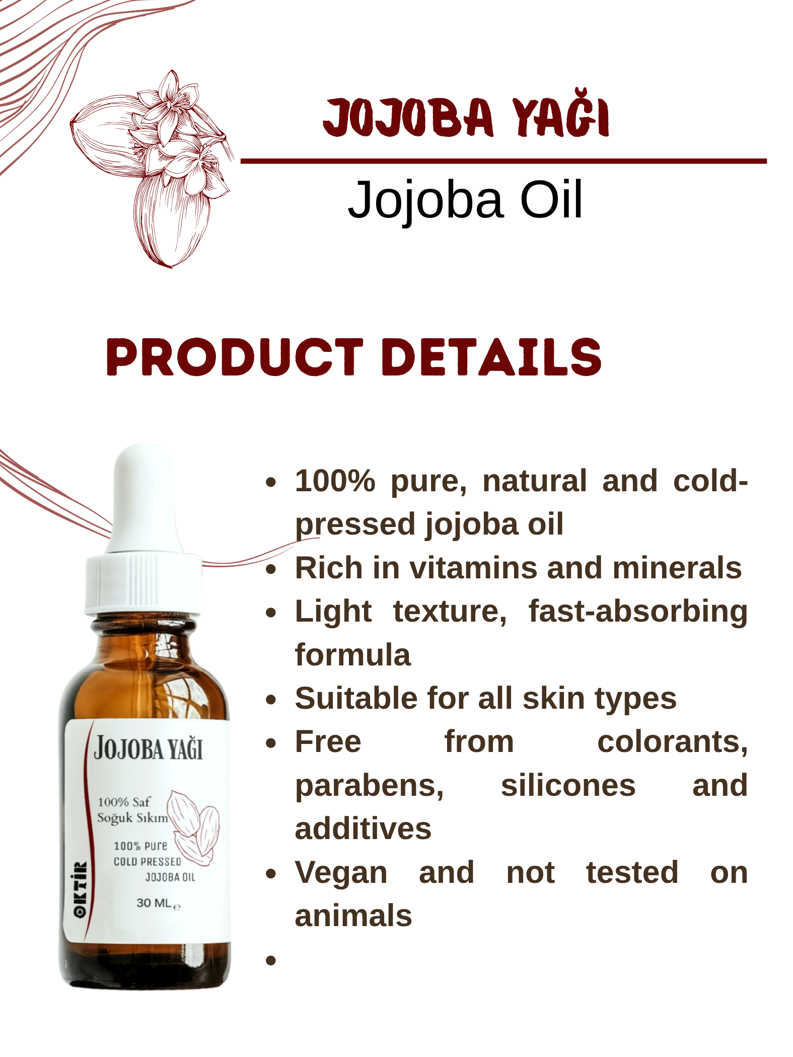Jojoba Yağı 30 ml (MASAJ- YÜZ YOGASI) %100 Saf & Soğuk Sıkım Cilt Saç Tırnak Makyaj Temizleme