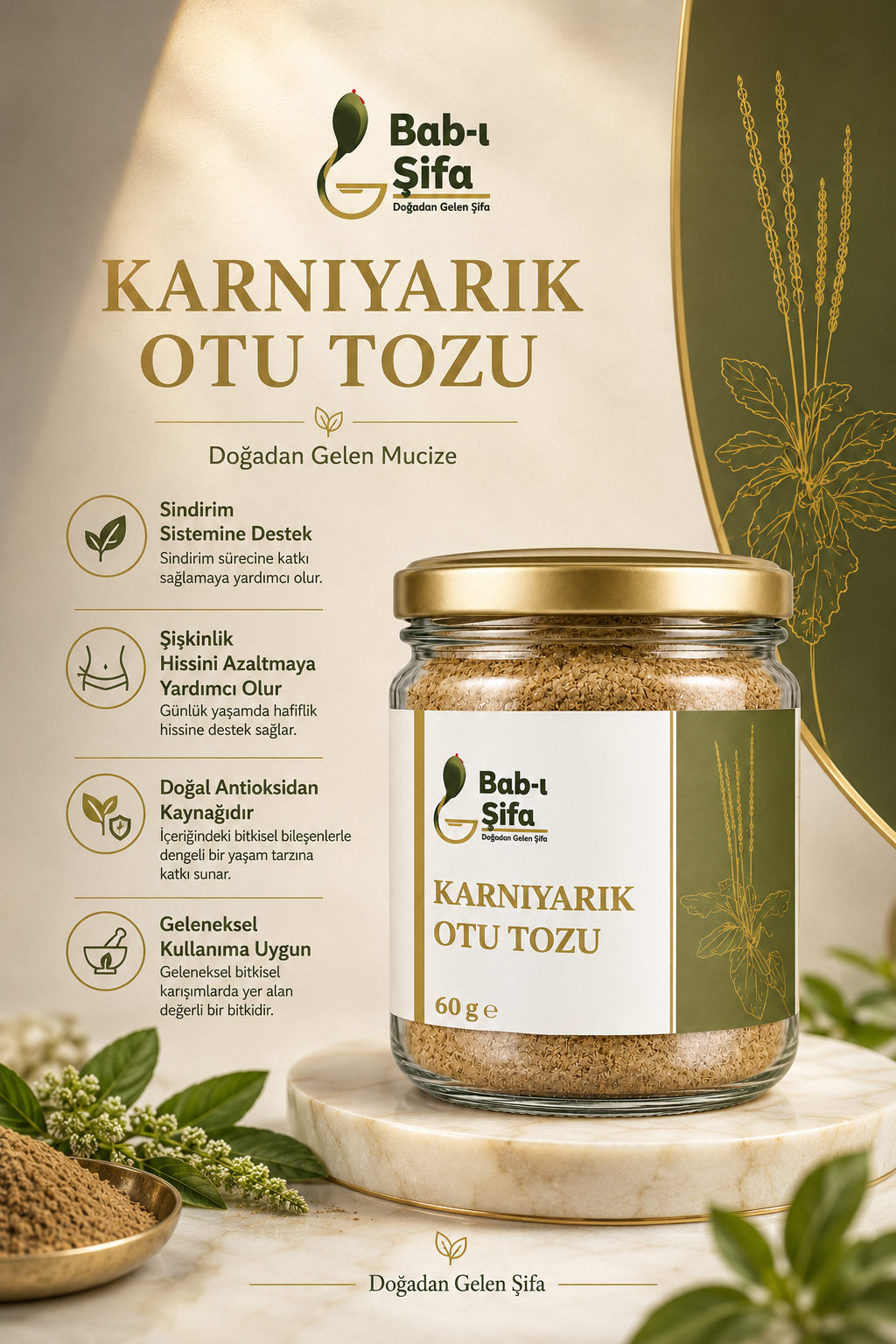 Bab-ı Şifa Karnıyarık Otu Tozu 60 g – Cam Kavanoz