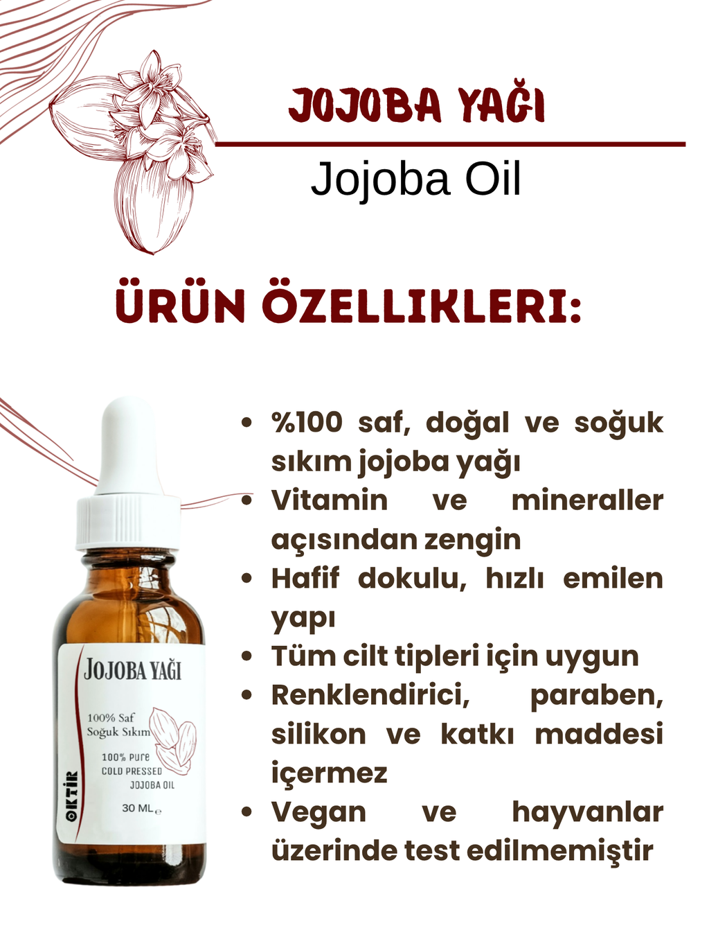 Jojoba Yağı 30 ml (MASAJ- YÜZ YOGASI) %100 Saf & Soğuk Sıkım Cilt Saç Tırnak Makyaj Temizleme