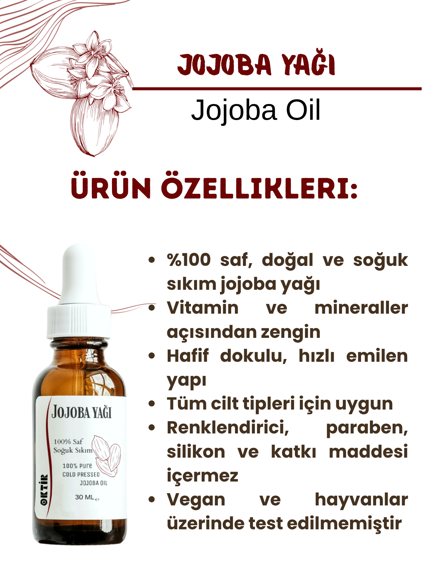 Jojoba Yağı 30 ml (MASAJ- YÜZ YOGASI) %100 Saf & Soğuk Sıkım Cilt Saç Tırnak Makyaj Temizleme
