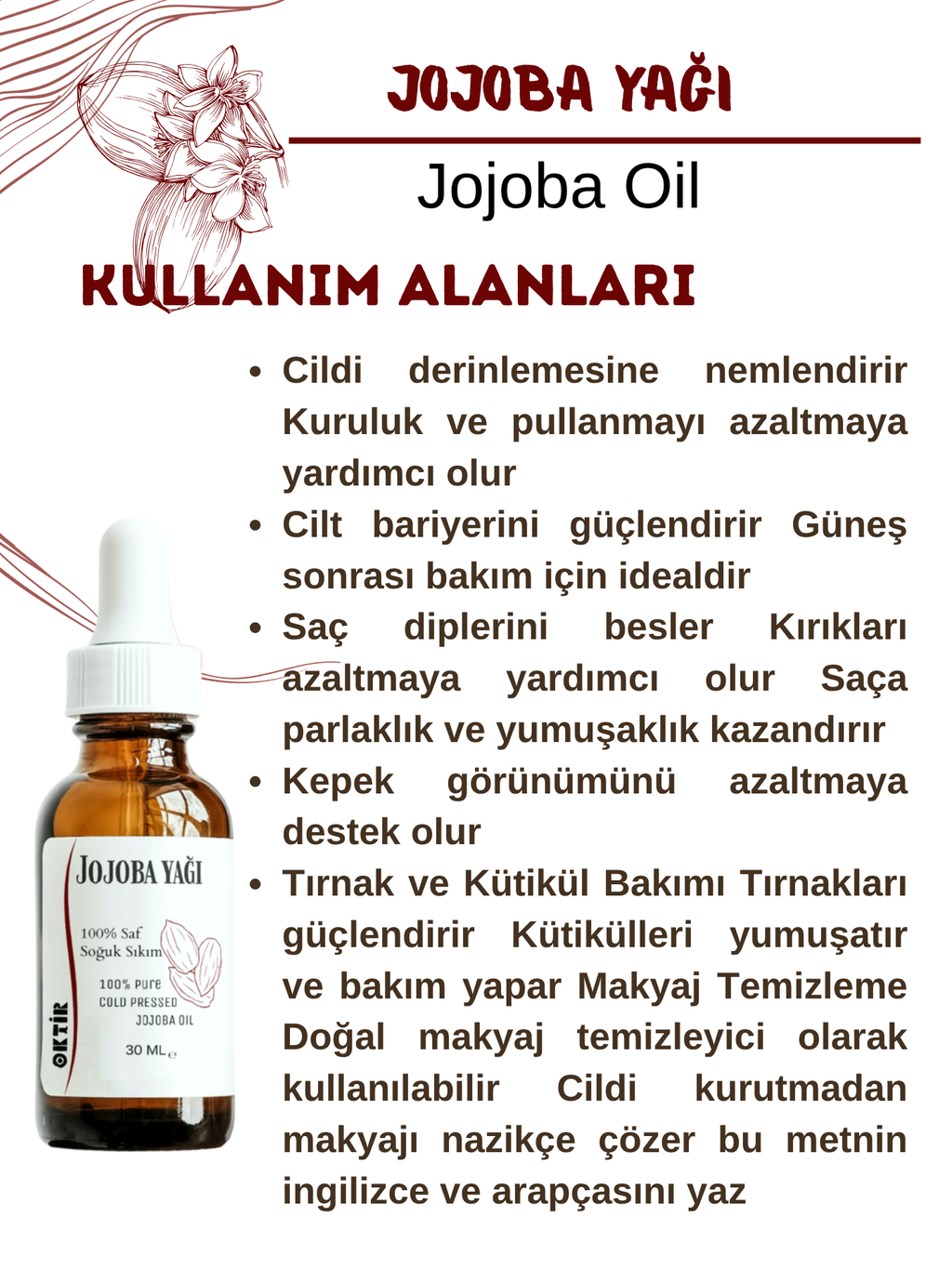 Jojoba Yağı 30 ml (MASAJ- YÜZ YOGASI) %100 Saf & Soğuk Sıkım Cilt Saç Tırnak Makyaj Temizleme
